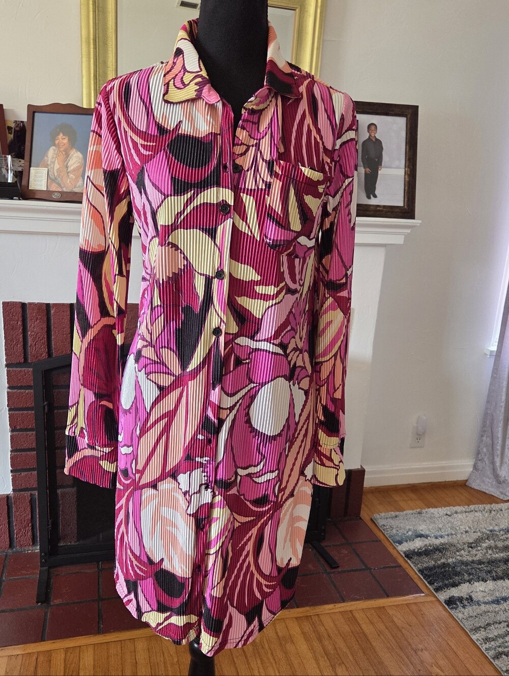Fashion Nova Vibrant Pink Tropical Button Down Shirt Dress